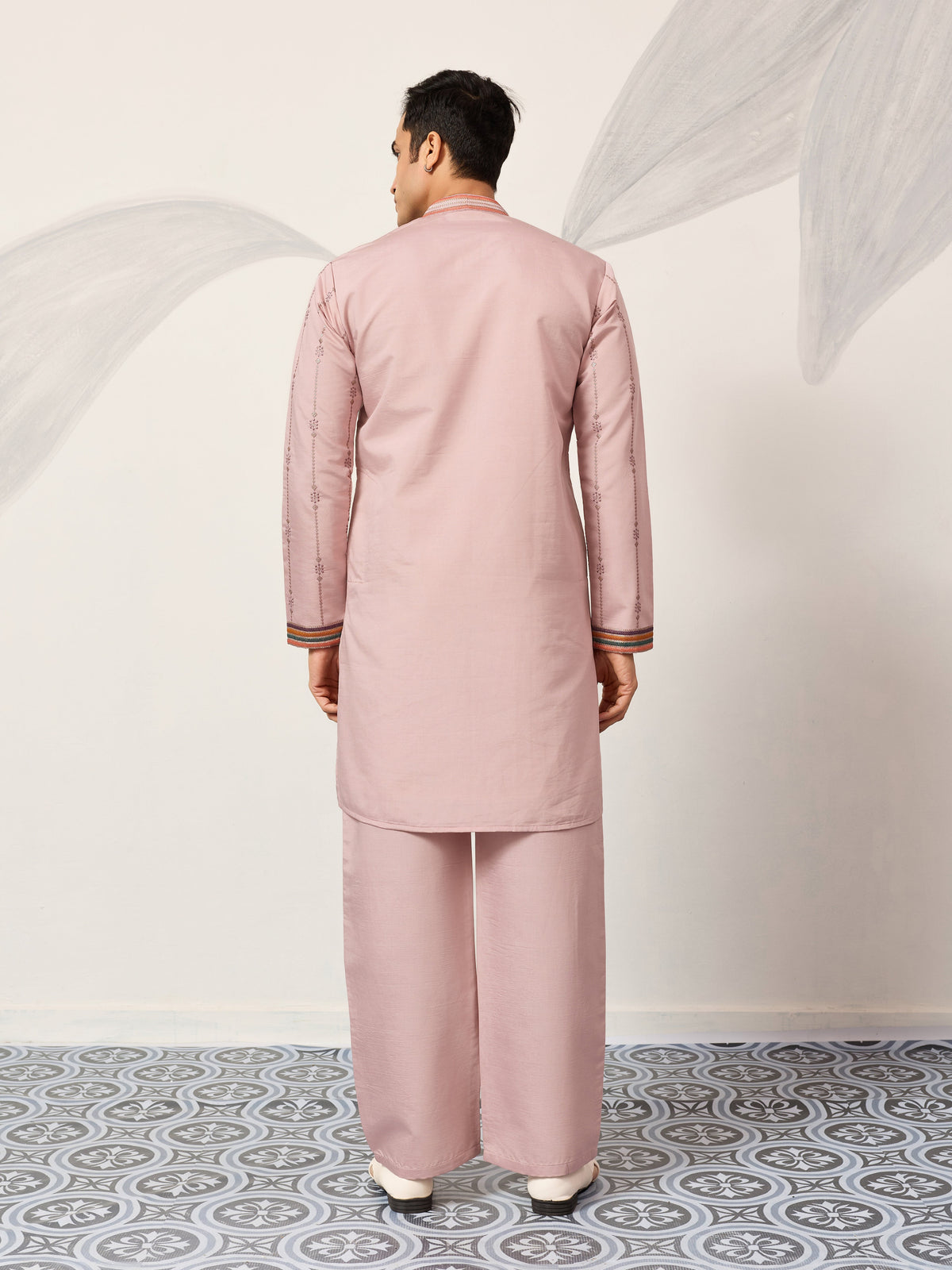 Classic Pink Embroidered V Neck Kurta Pant Outfit for Mens Wear