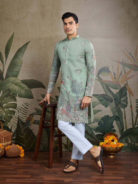Premium Pista Green Viscose Silk party wear kurta for men