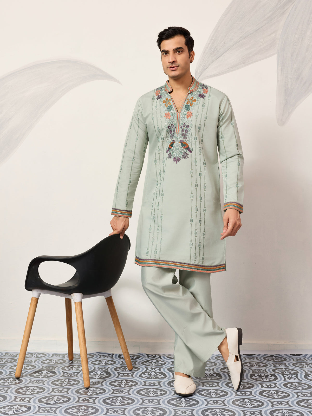 Ethnic Pista V Neck Kurta Pant Set for Mens Wear