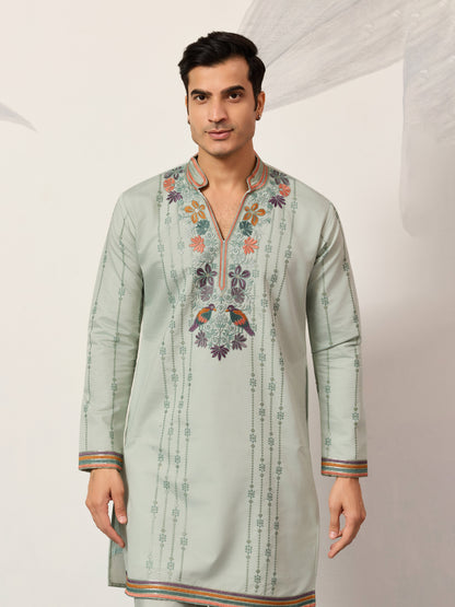 Ethnic Pista V Neck Kurta Pant Set for Mens Wear