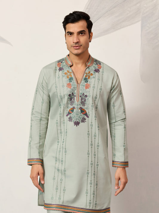 Ethnic Pista V Neck Kurta Pant Set for Mens Wear