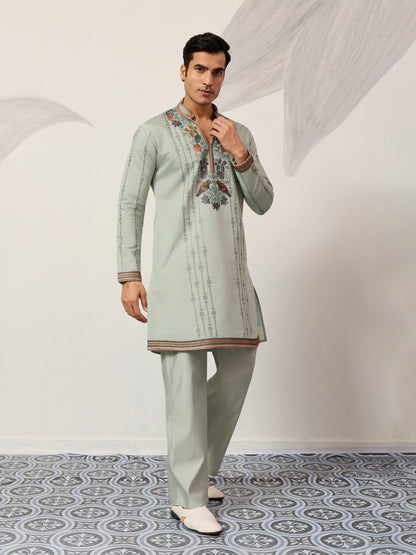 Ethnic Pista V Neck Kurta Pant Set for Mens Wear