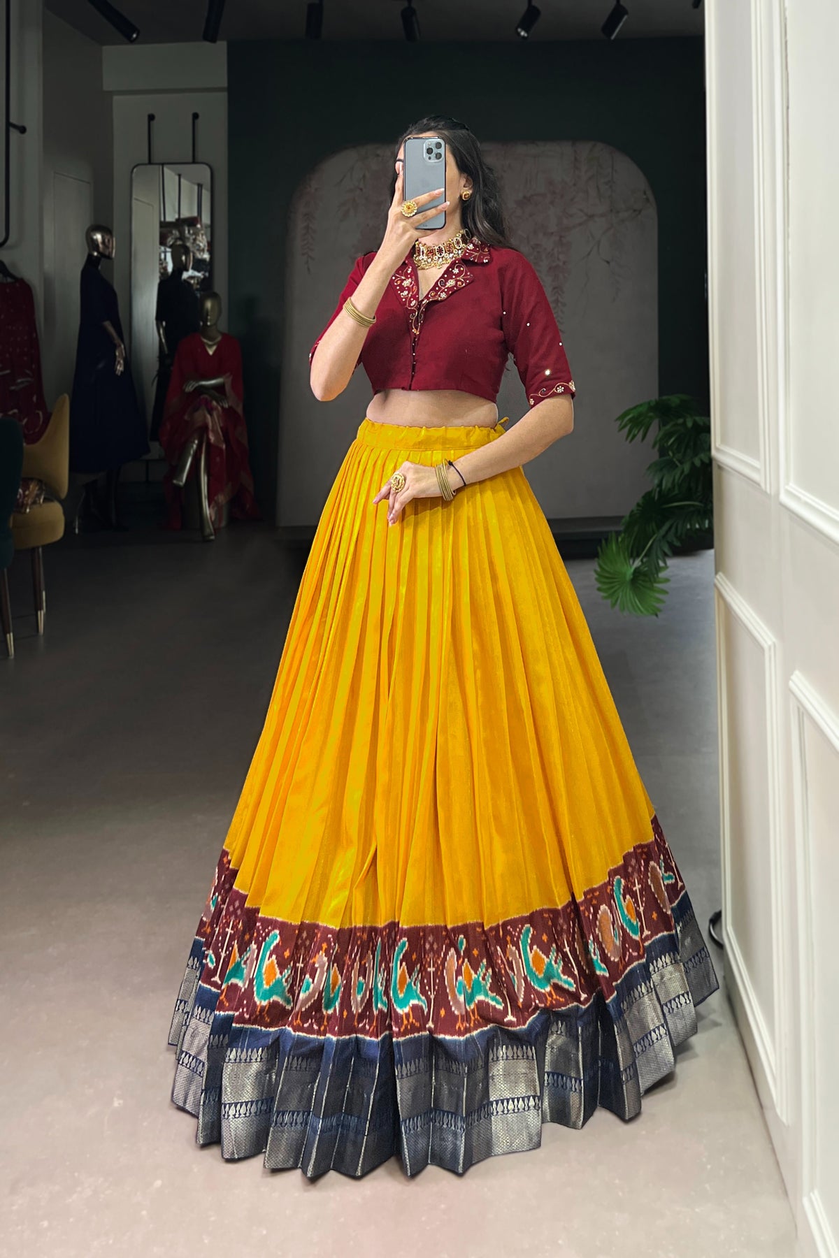 Poly Cotton Printed Zari Weaving Lehenga With Pure Cotton Hand Work Blouse