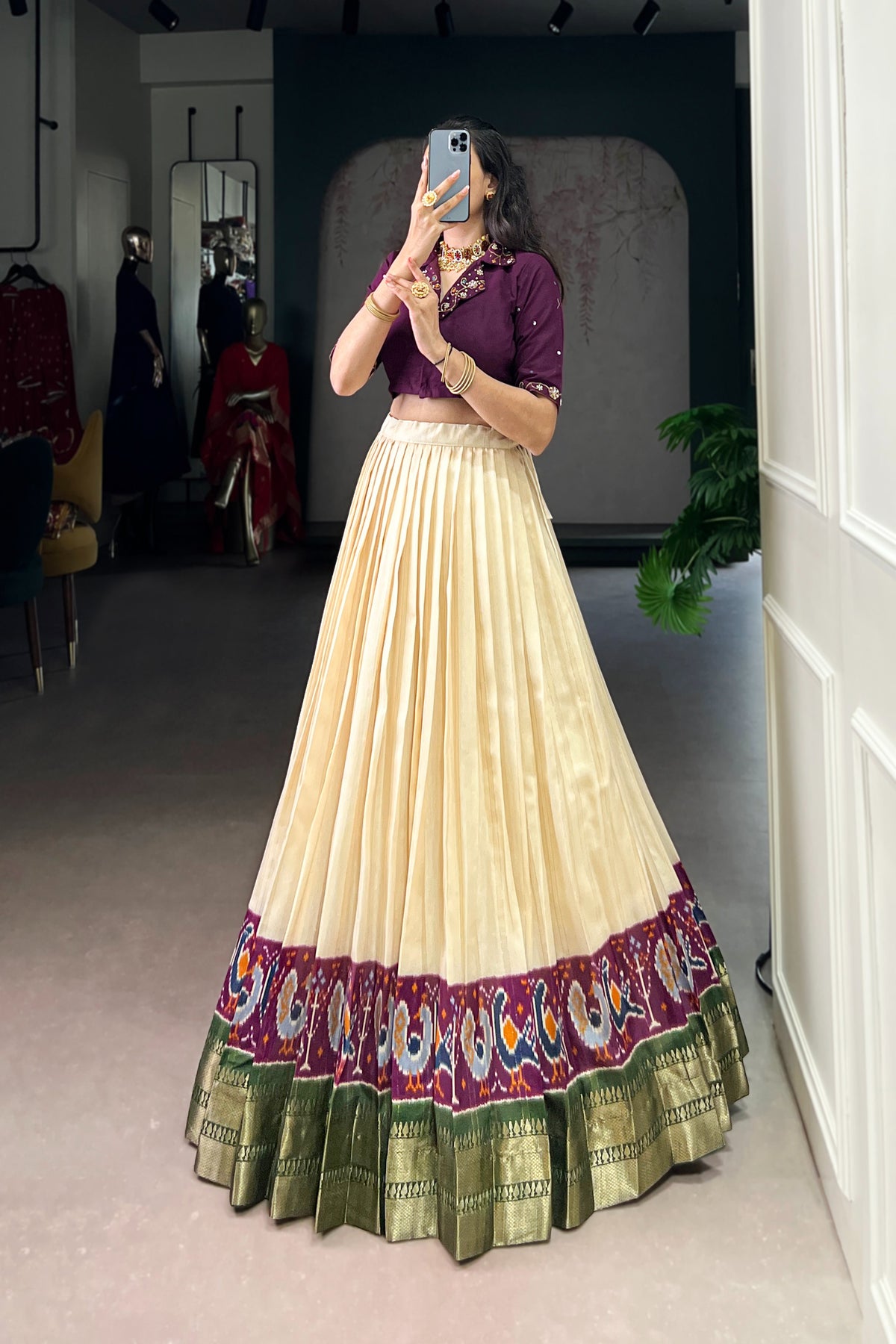 Poly Cotton Printed Zari Weaving Lehenga With Pure Cotton Hand Work Blouse