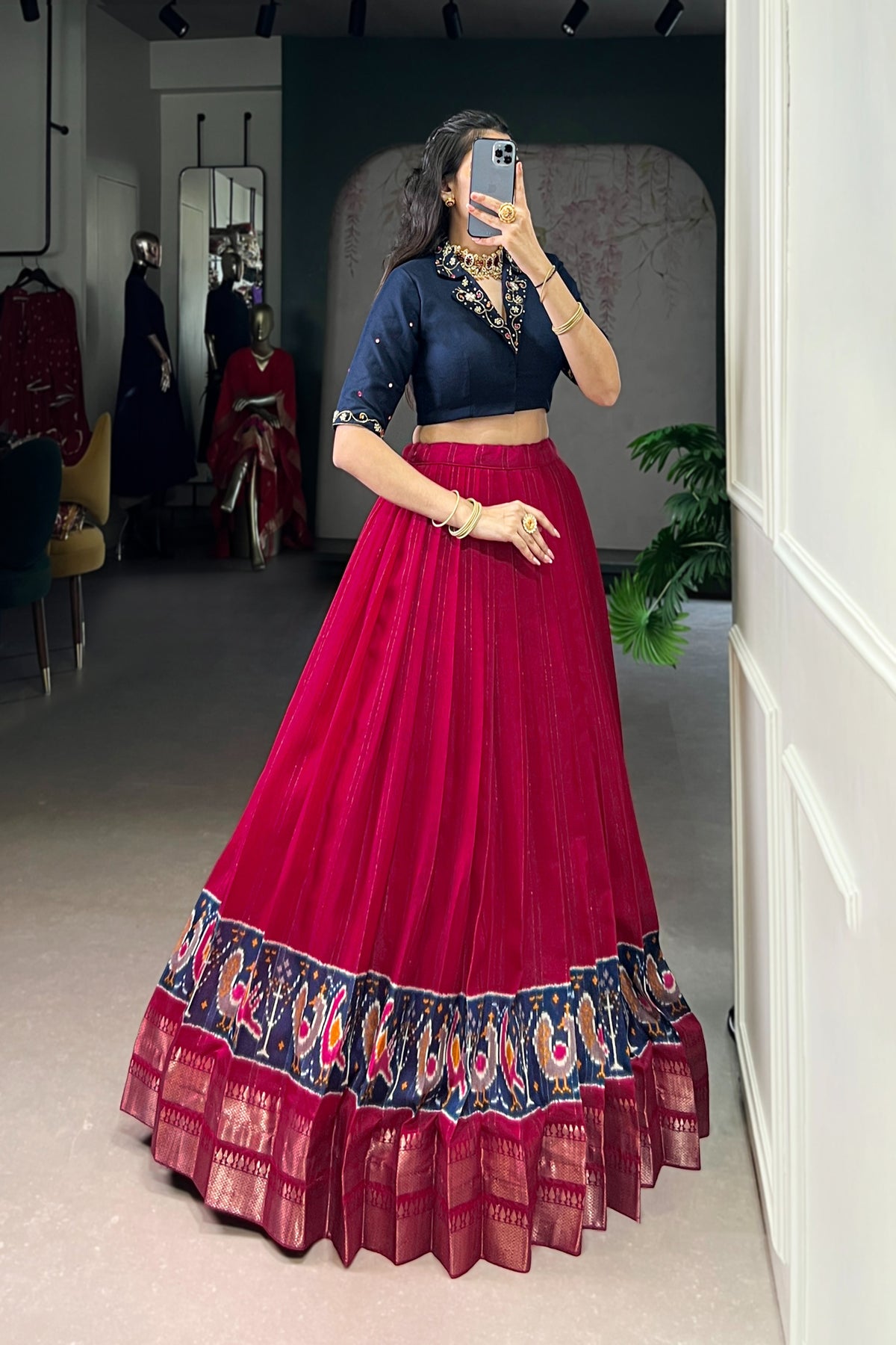 Poly Cotton Printed Zari Weaving Lehenga With Pure Cotton Hand Work Blouse