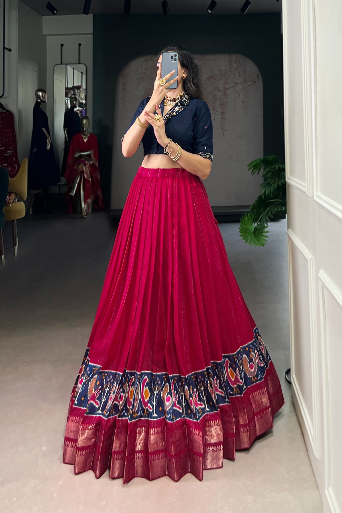 Poly Cotton Printed Zari Weaving Lehenga With Pure Cotton Hand Work Blouse
