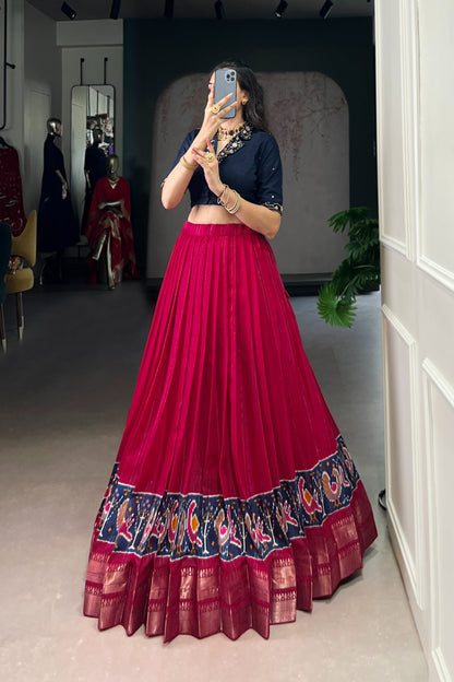 Poly Cotton Printed Zari Weaving Lehenga With Pure Cotton Hand Work Blouse