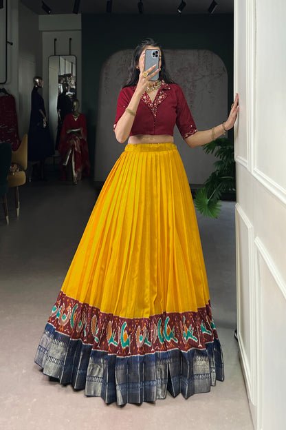 Poly Cotton Printed Zari Weaving Lehenga With Pure Cotton Hand Work Blouse