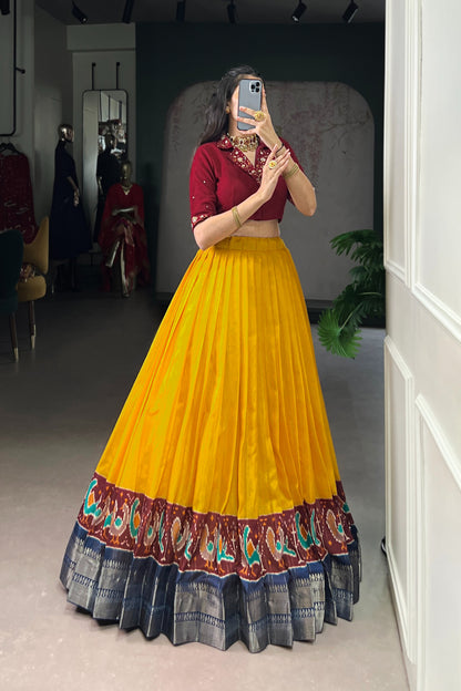 Poly Cotton Printed Zari Weaving Lehenga With Pure Cotton Hand Work Blouse