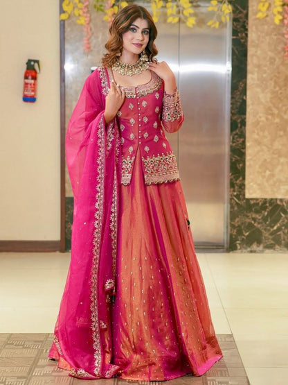 Premium Pink Fendi Embroidered  Lehenga Choli Set For Women
