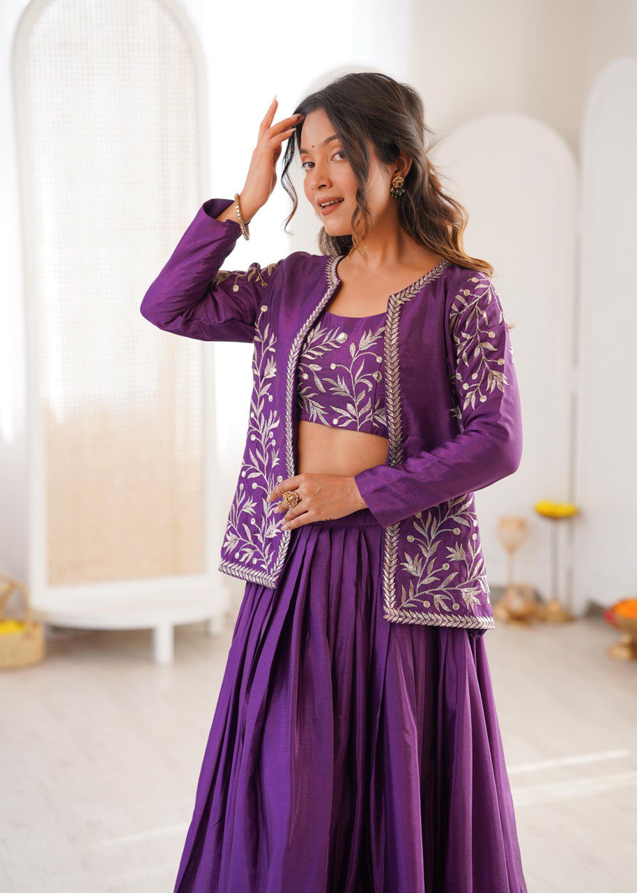 Purple Heavy Chinon Silk Embroidered Lehenga Choli Set With Koti