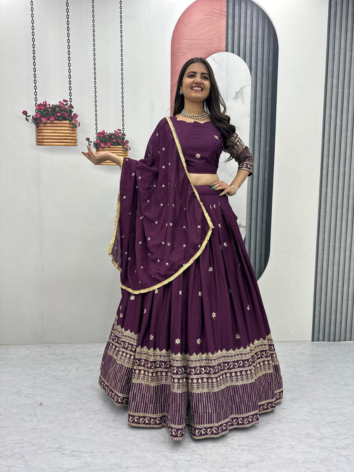 Luxury Purple Embroidered Lehenga Set For Wedding