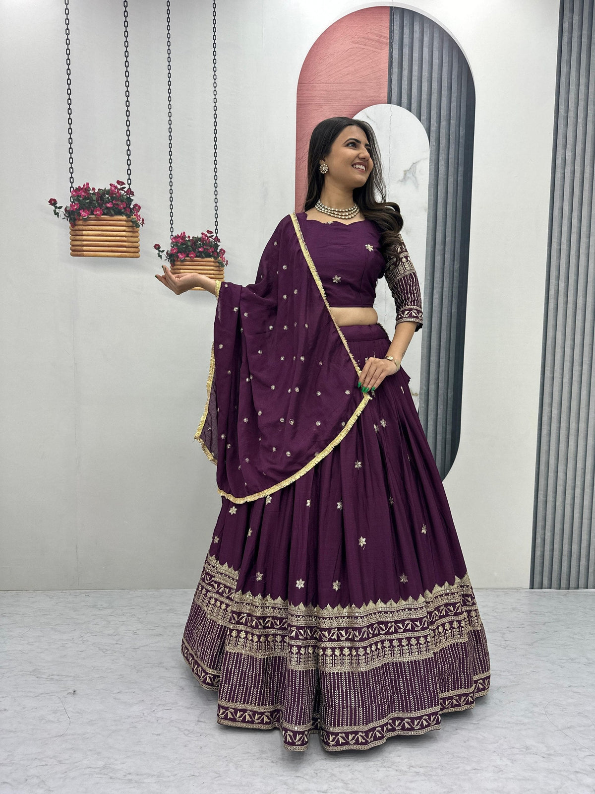 Luxury Purple Embroidered Lehenga Set For Wedding