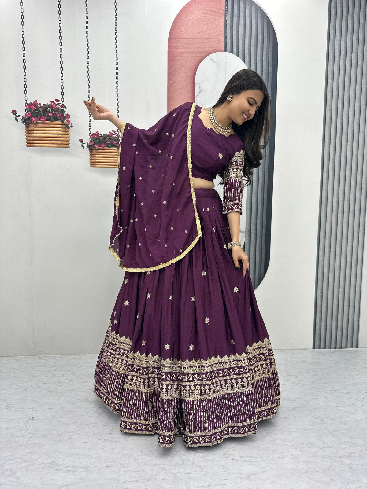 Luxury Purple Embroidered Lehenga Set For Wedding