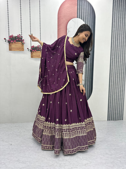 Luxury Purple Embroidered Lehenga Set For Wedding