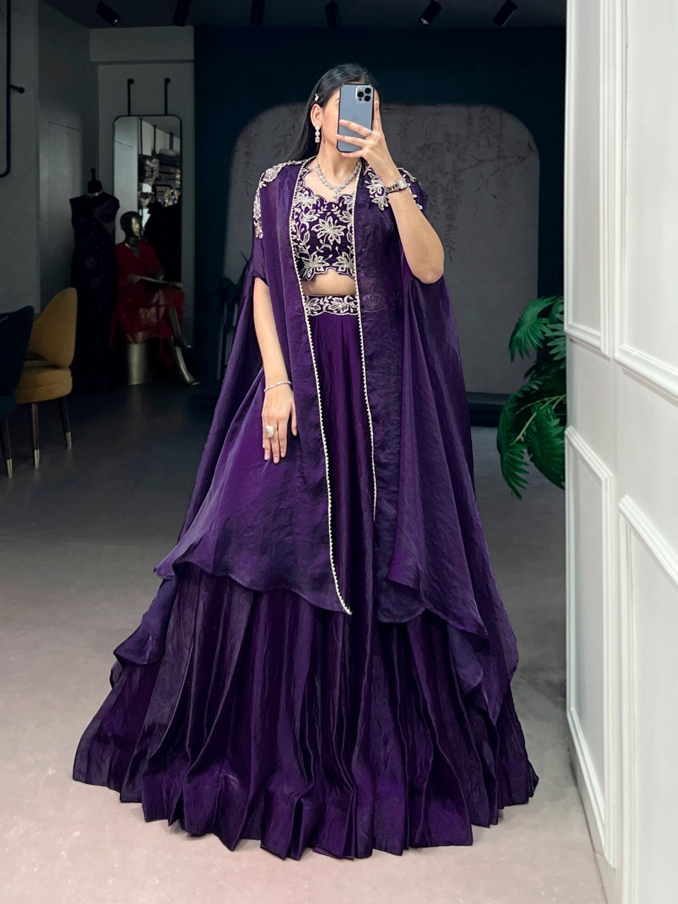 Designer Purple Fendi Silk Sequins Embroidery Lehenga Set With Shrug