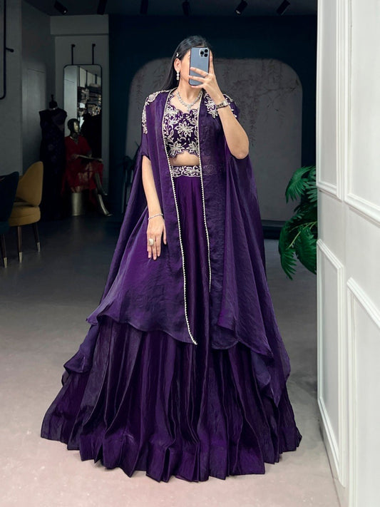 Designer Purple Fendi Silk Sequins Embroidery Lehenga Set With Shrug