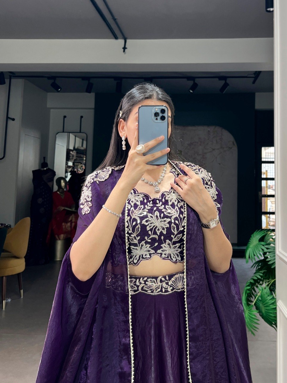 Designer Purple Fendi Silk Sequins Embroidery Lehenga Set With Shrug