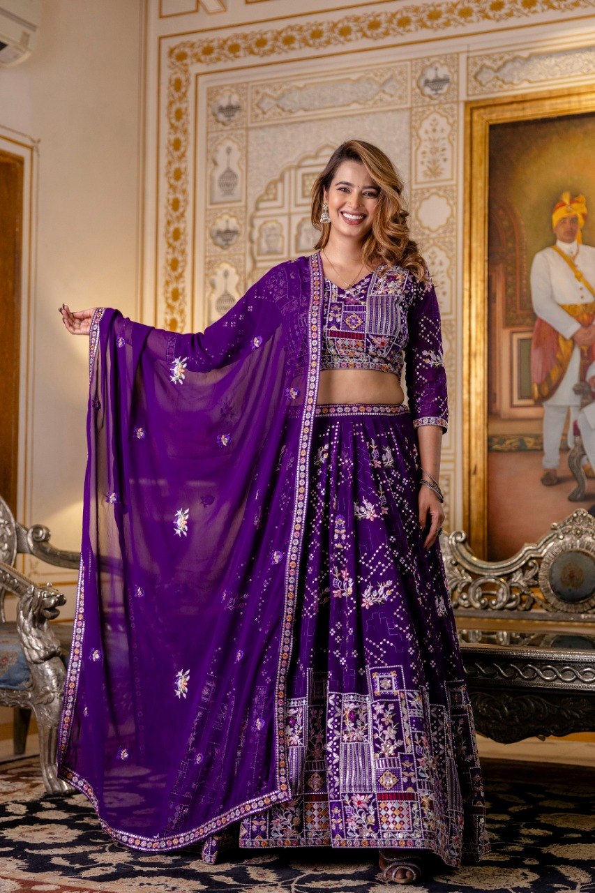 Royal Purple Blooming Georgette Embroidered Lehenga Choli with Dupatta Set