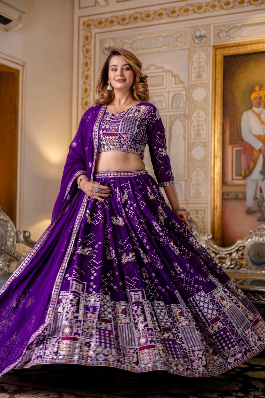 Royal Purple Blooming Georgette Embroidered Lehenga Choli with Dupatta Set