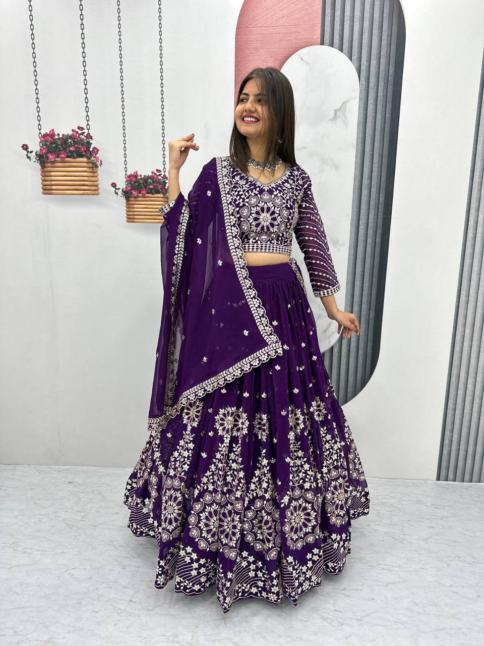 Heavy Sequence & Thread Work Rani Pink Georgette Ready to Wear Lehenga Choli Set