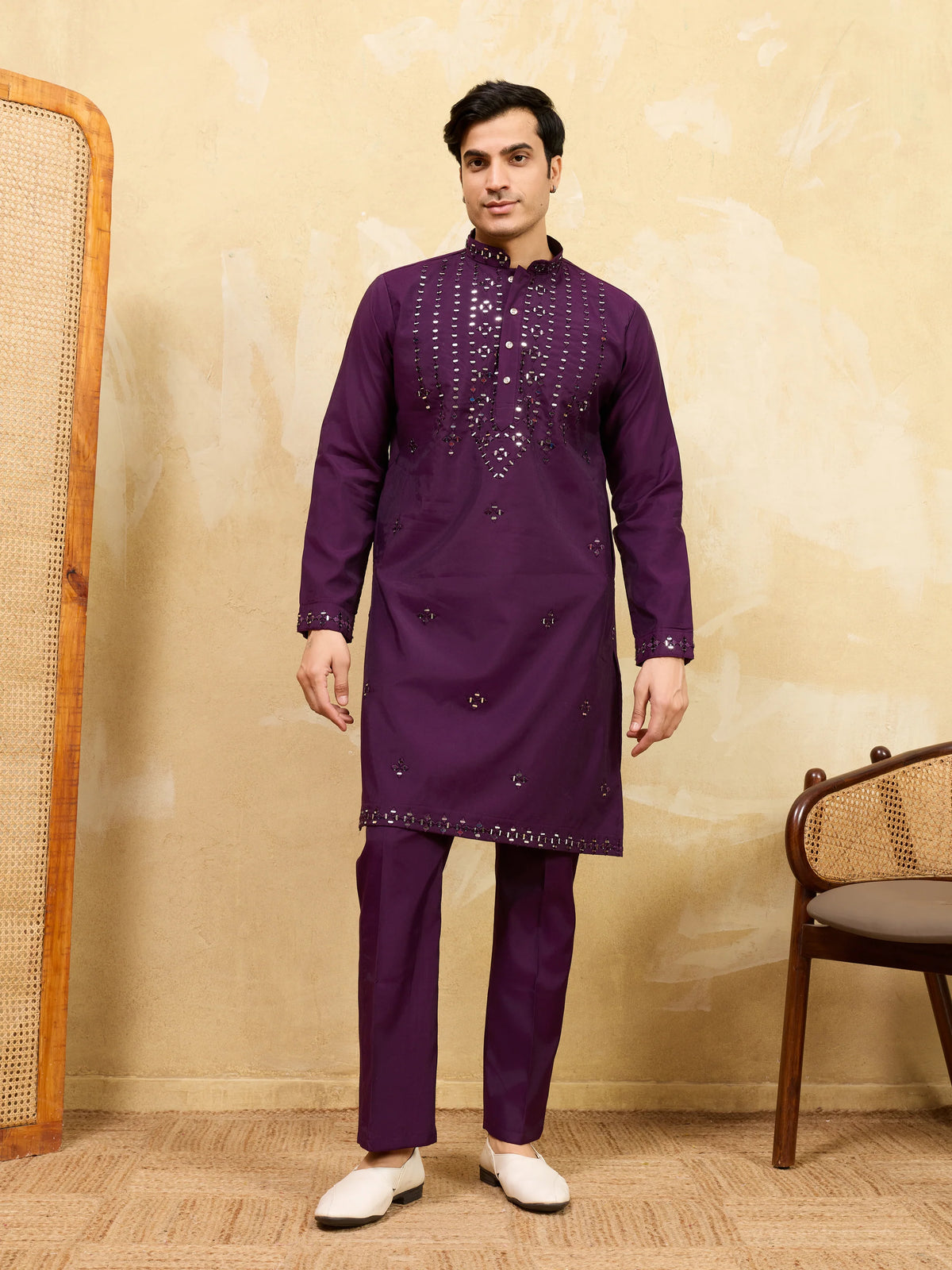 Classy Purple Mirror Embroidered Kurta and Pant for Wedding Wear
