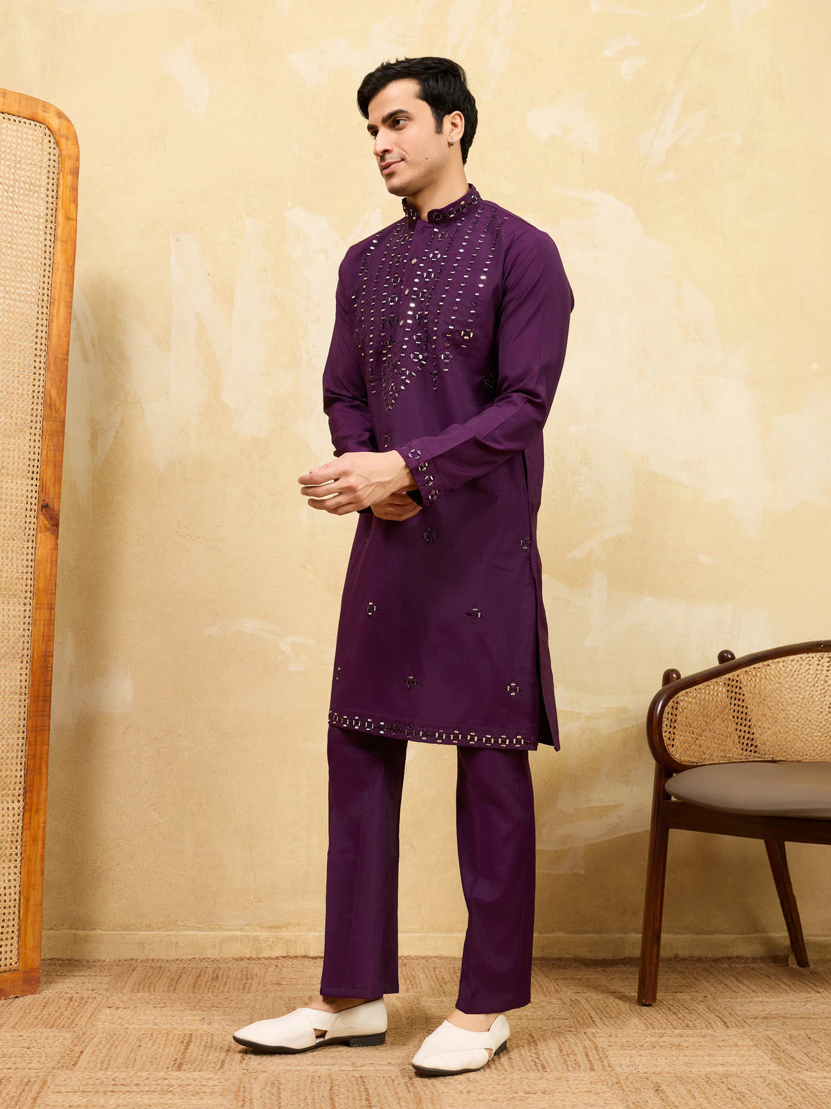 Classy Purple Mirror Embroidered Kurta and Pant for Wedding Wear