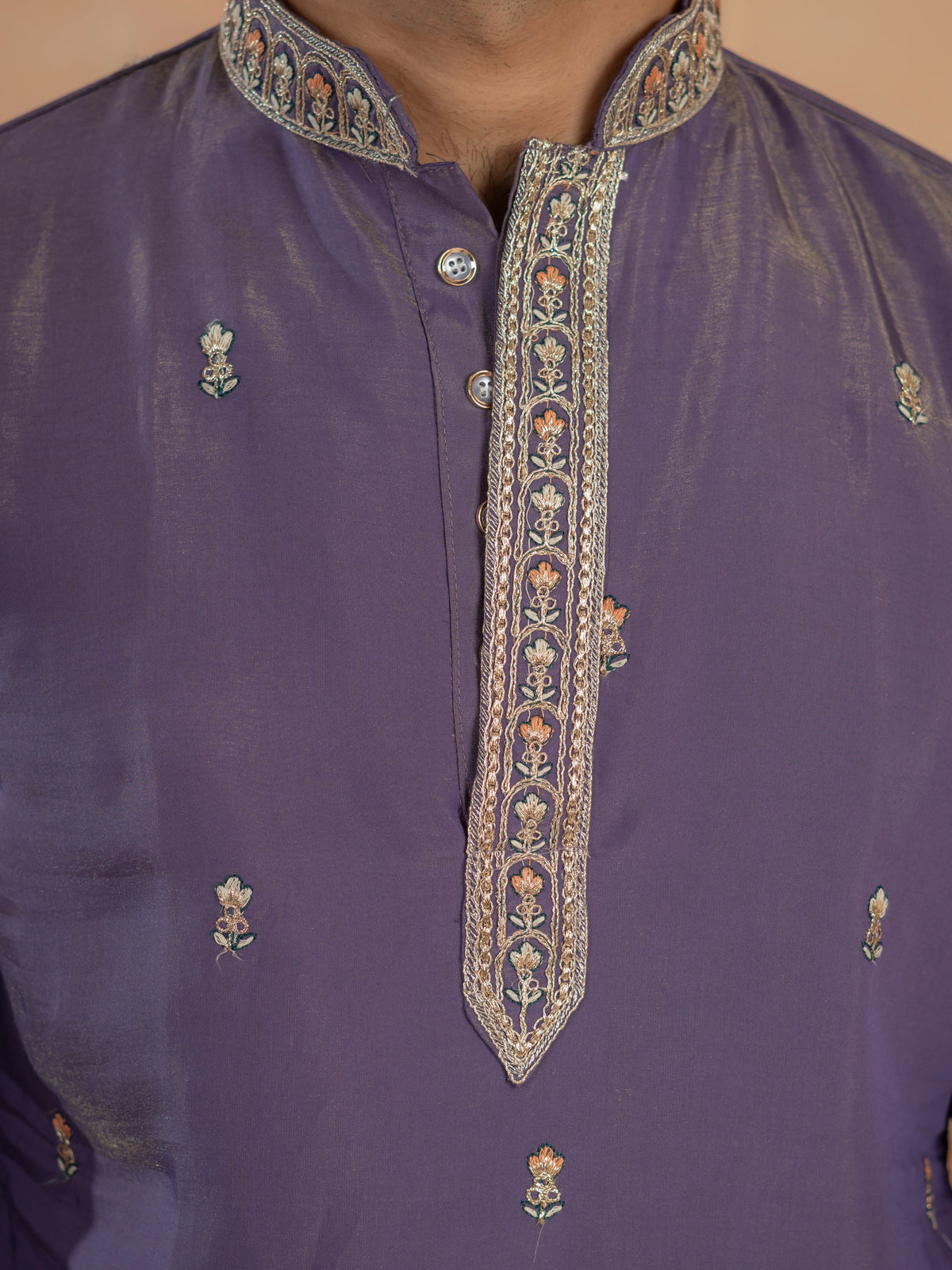 Festive Special Purple Roman Shimmer Embroidery Work Kurta Set