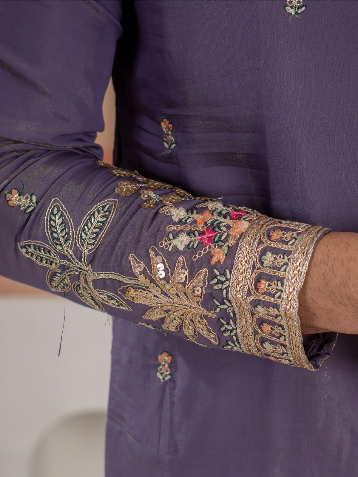 Festive Special Purple Roman Shimmer Embroidery Work Kurta Set