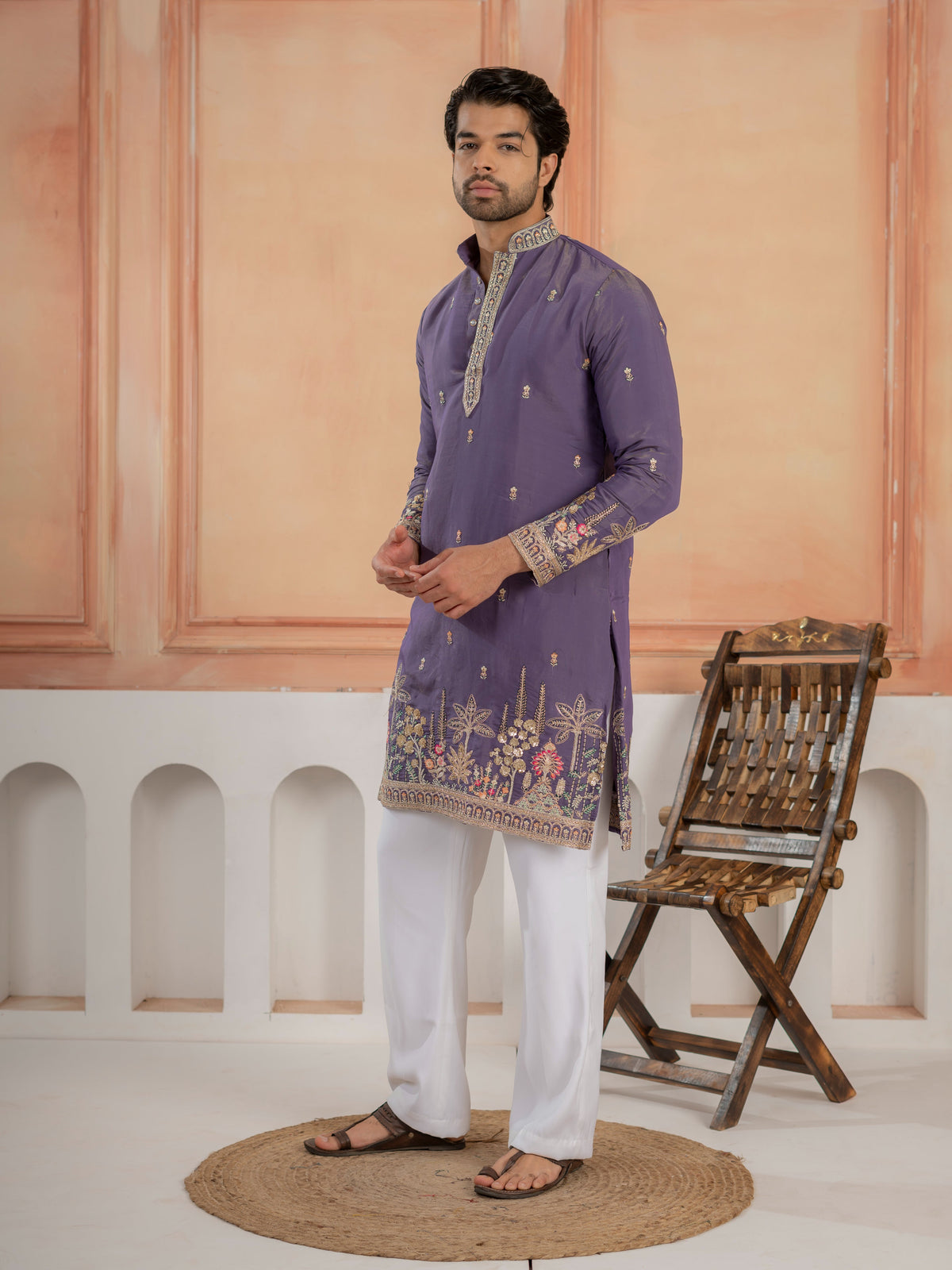 Festive Special Purple Roman Shimmer Embroidery Work Kurta Set