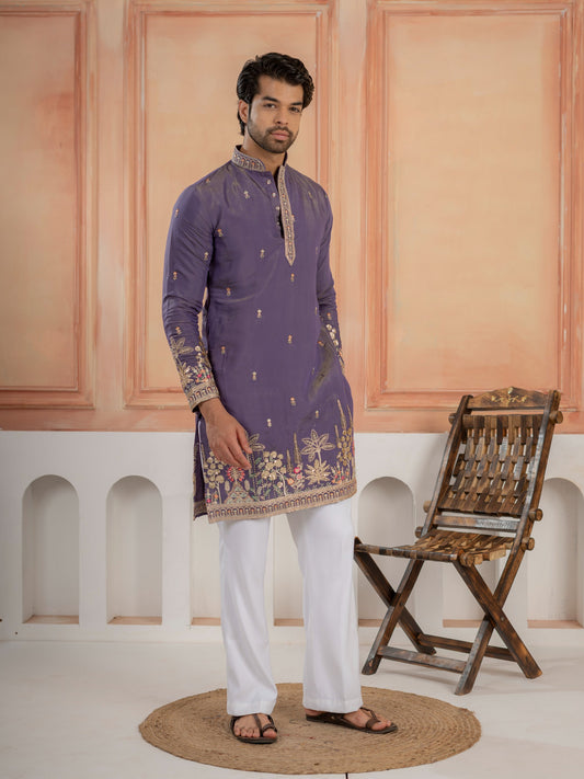 Festive Special Purple Roman Shimmer Embroidery Work Kurta Set