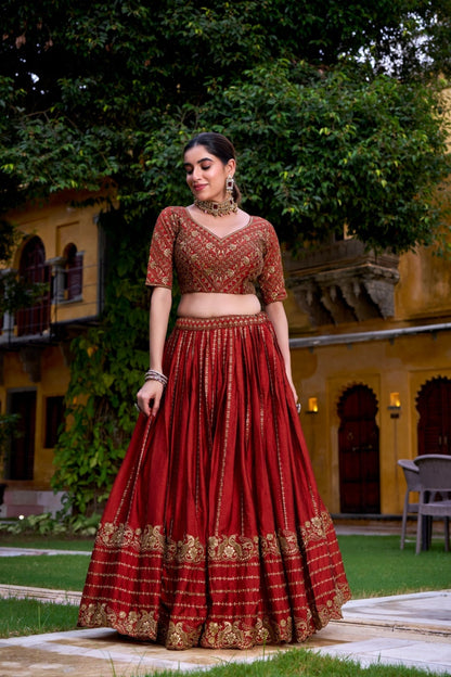 Red Orange Rangoli Crush Designer Sequins With Tread Embroidered Wedding Lehenga Choli