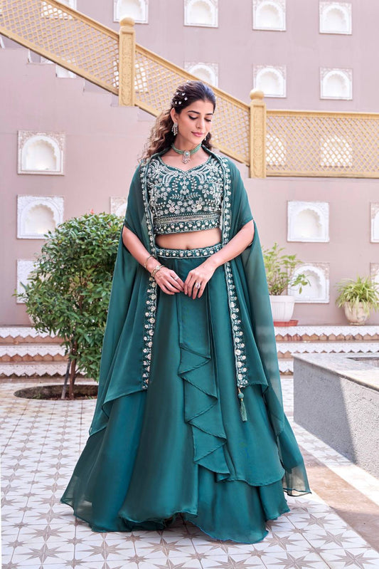 Trendy Rangoli Silk Heavy Embroidery Lehenga Set With Shrug Dupatta 
