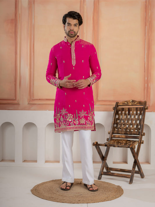 Designer Rani Pink Roman Shimmer Embroidered Kurta Set For Men