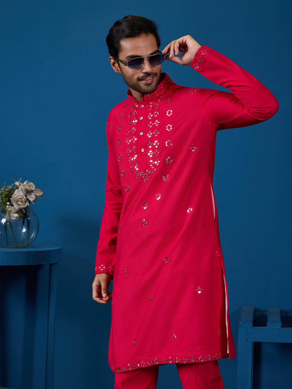 Designer Rani Mirror Embroidered Kurta for Mens Wear