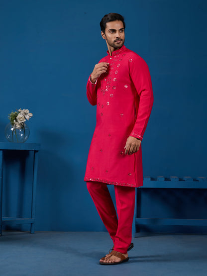 Designer Rani Mirror Embroidered Kurta for Mens Wear