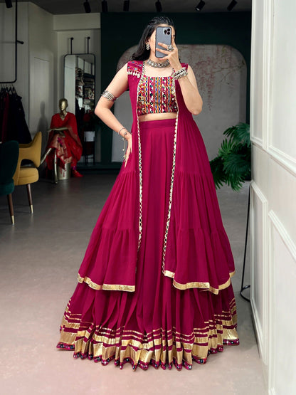 Festive Wear Rani Pink Gamthi Work Lehenga Choli Set with Long Koti Style