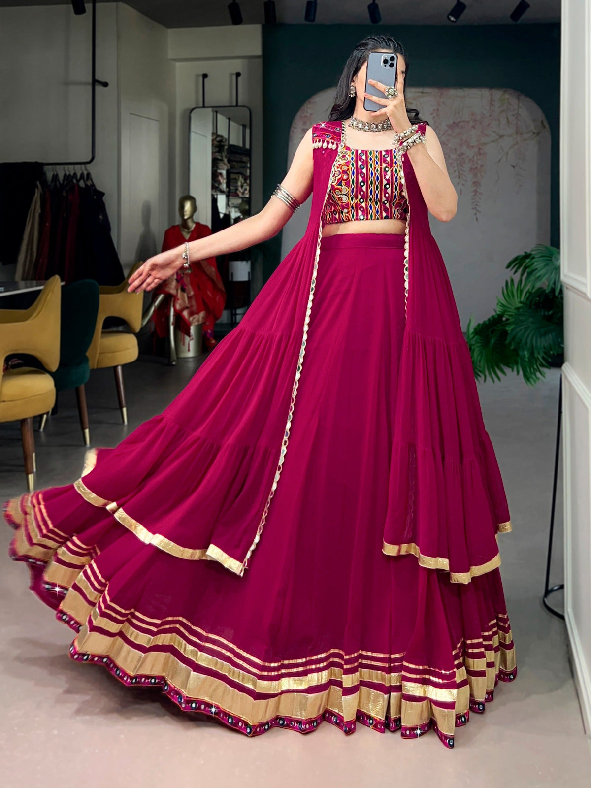 Festive Wear Rani Pink Gamthi Work Lehenga Choli Set with Long Koti Style