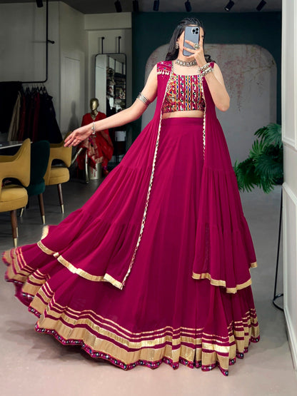 Festive Wear Rani Pink Gamthi Work Lehenga Choli Set with Long Koti Style
