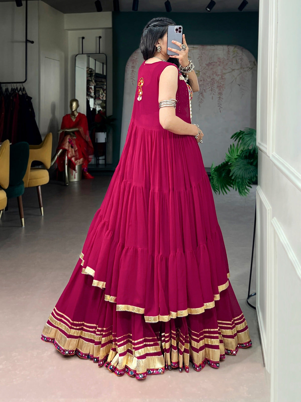 Festive Wear Rani Pink Gamthi Work Lehenga Choli Set with Long Koti Style