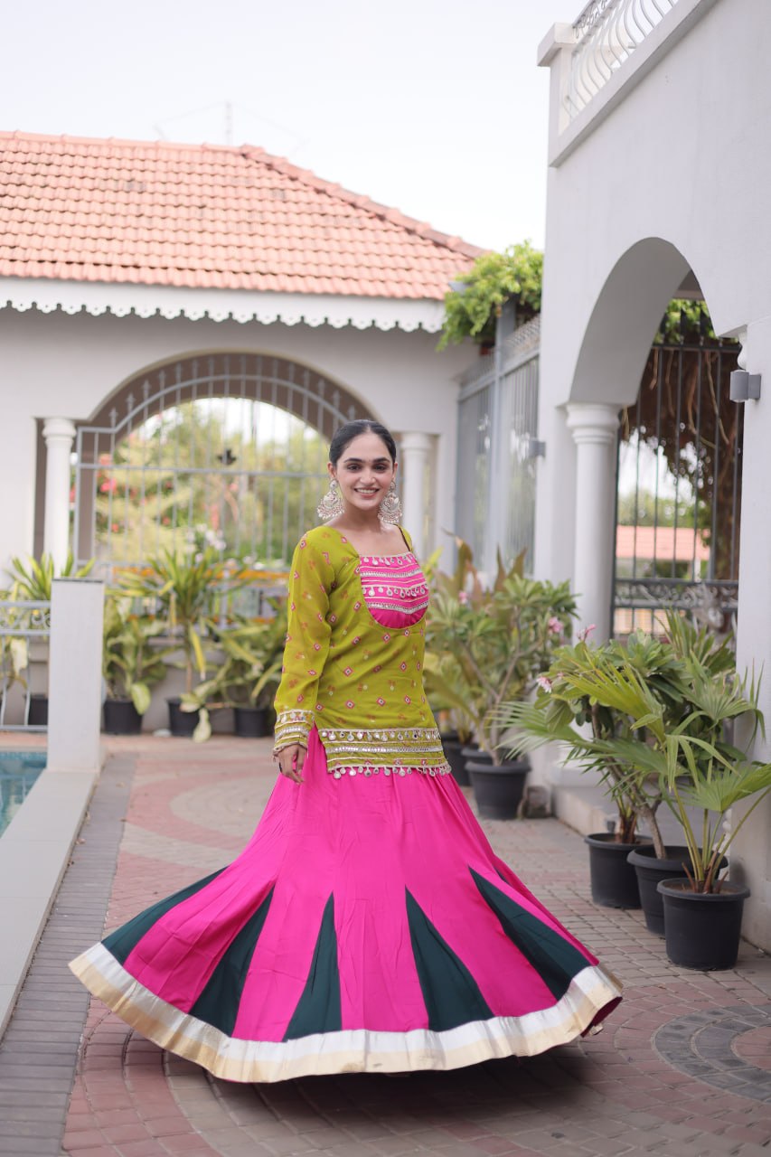 Traditional Rayon Bandhani Print Kutchi Work Festive Lehenga Set