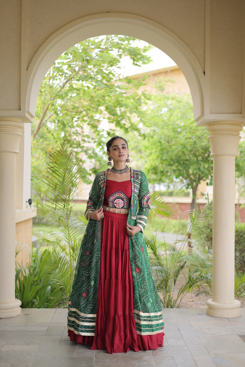 Rayon Bandhani kutchi Lehenga Shrug Set | Tulip Designer 