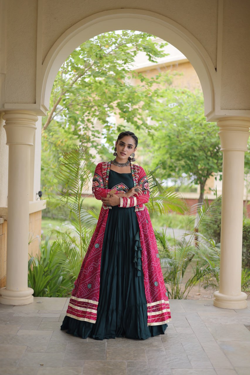 Rayon Bandhani kutchi Lehenga Shrug Set | Tulip Designer 