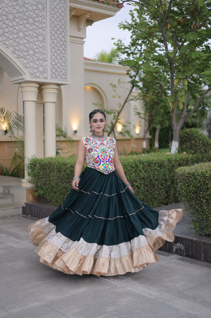 Royal Rayon Kutchi Embroidered Navratri Frill Lehenga Choli
