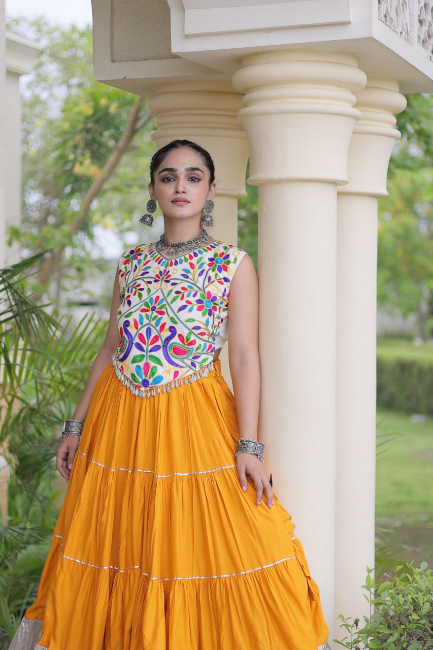 Royal Rayon Kutchi Embroidered Navratri Frill Lehenga Choli
