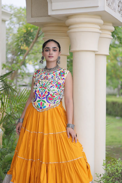 Royal Rayon Kutchi Embroidered Navratri Frill Lehenga Choli