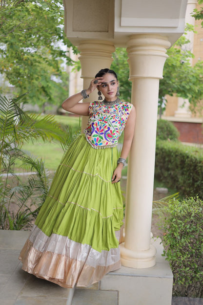 Royal Rayon Kutchi Embroidered Navratri Frill Lehenga Choli