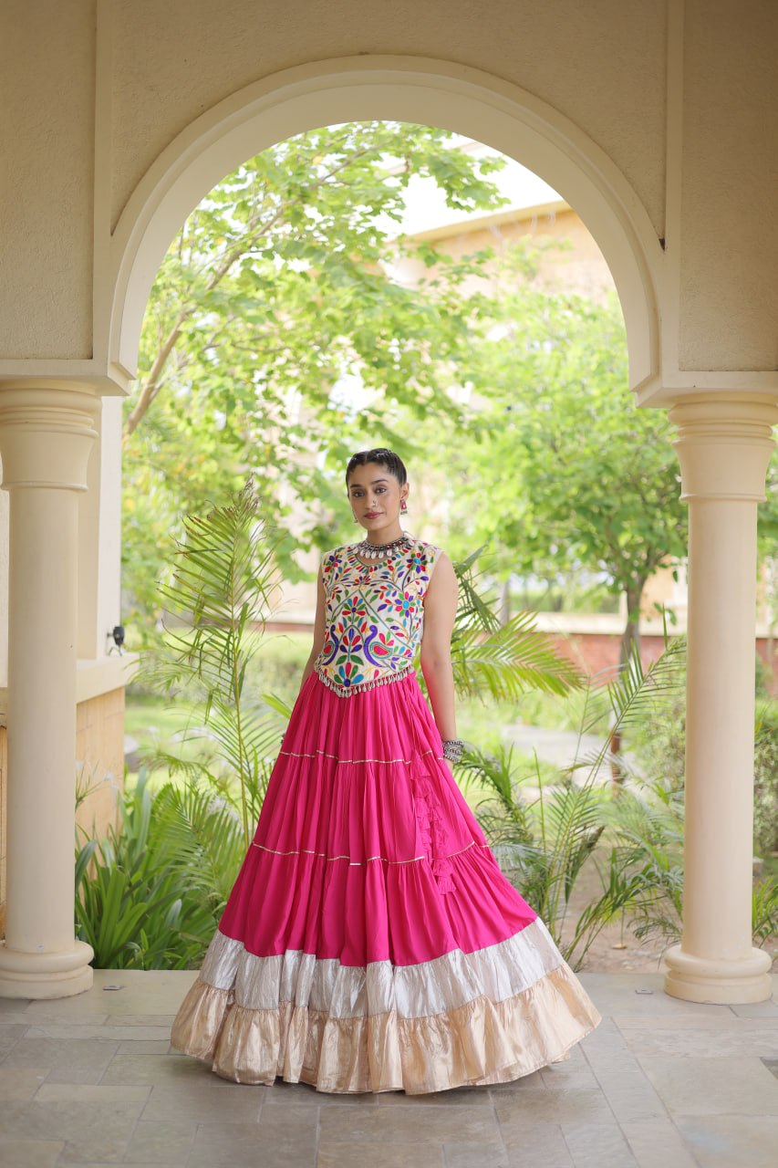 Royal Rayon Kutchi Embroidered Navratri Frill Lehenga Choli