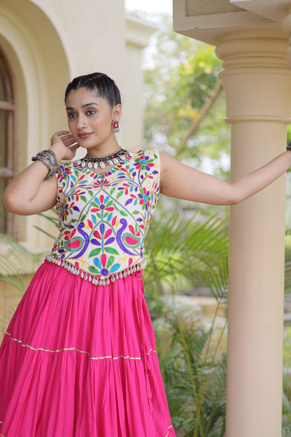 Royal Rayon Kutchi Embroidered Navratri Frill Lehenga Choli