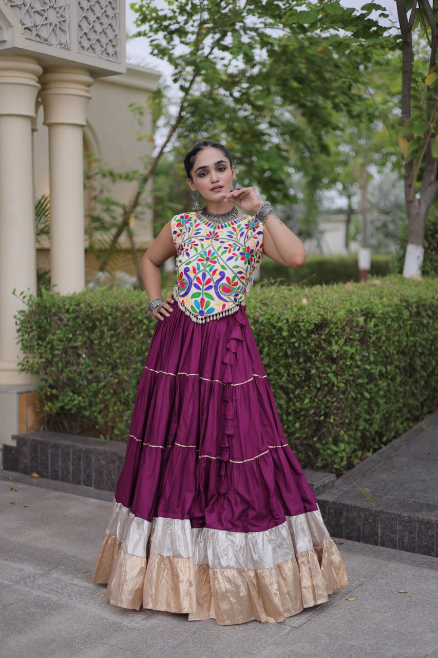 Royal Rayon Kutchi Embroidered Navratri Frill Lehenga Choli 